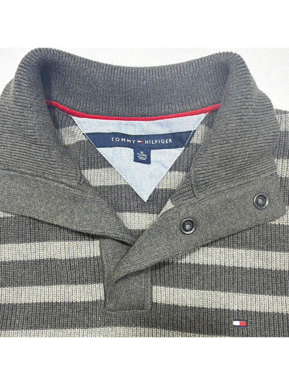 Tommy Hilfiger Men's Gray Striped Mock Neck Cotton Knit Pullover Sweater XL